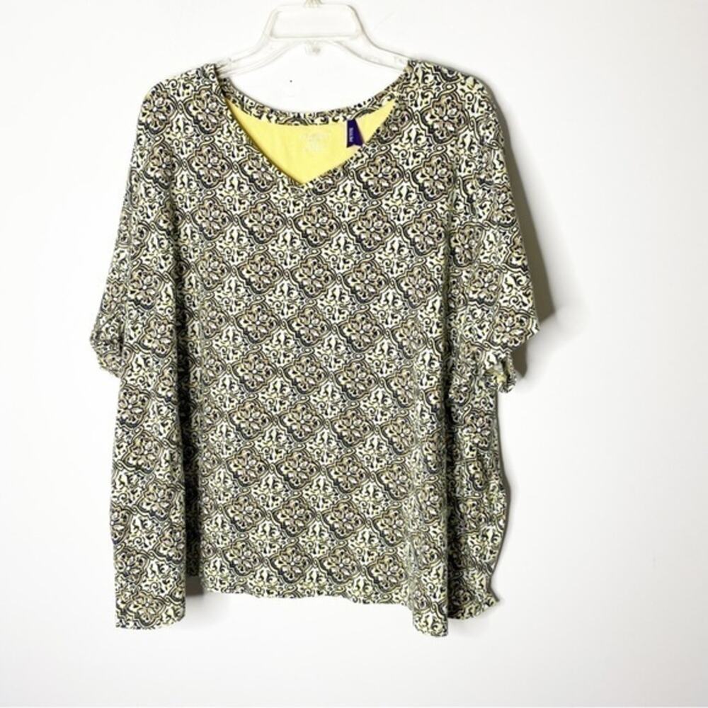 Catherines Yellow & Brown Geometric Print V-Neck Top Size 3XWP